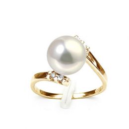 Bague ondulée solitaire - Or jaune, diamants - Perle blanche culture
