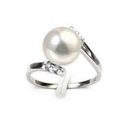 Bague ondulée solitaire - Or blanc, diamants - Perle blanche culture