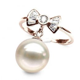 Bague noeud papillon - Or rose, diamants, perle de culture