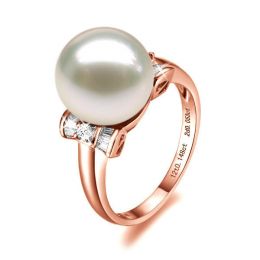 Bague noeud papillon - Perle blanche Chine - Or rose, diaman
