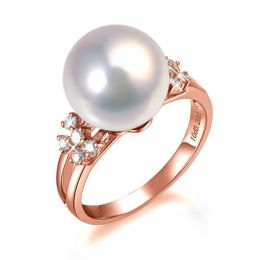 Bague anneau doublé or rose - Perle blanche Chine et diamant