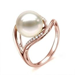Bague femme perle - Or rose, diamants - Perle de culture bla