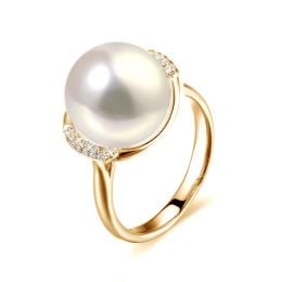 Bague perle d'eau douce et or jaune - Plateau circulaire en diamants