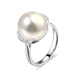 Bague perle d'eau douce et or blanc - Plateau circulaire en diamants