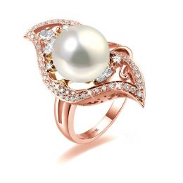 Bague végétale or rose - Perle eau douce blanche de culture,
