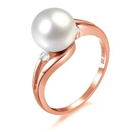 Bague feuilles de style - Perle culture blanche - Or rose, d