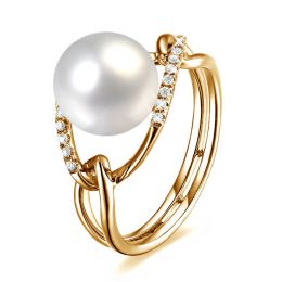 Bague or jaune perle blanche eau douce - 2 anneaux unis en diamants