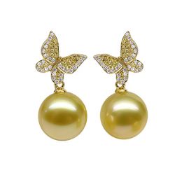 Pendants d'oreilles Papillon. Or jaune, Perle d'Australie do