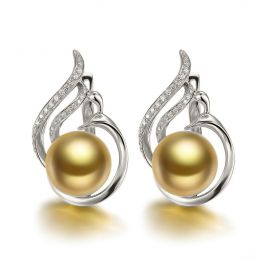 Boucles oreilles paons merveilleux - Perles dorées, diamants