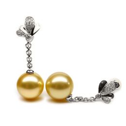 Boucles oreilles perles Australie or blanc, diamants - Jardi