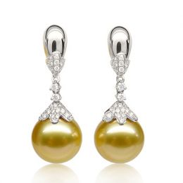 Boucles oreilles lignes Classique. Perles Australie, diamant