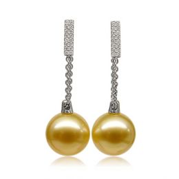 Boucles oreilles pendant Or blanc & perle Australie. Diamant