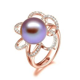 Bague fleur perlée lavande - Pétales or rose - Perle culture