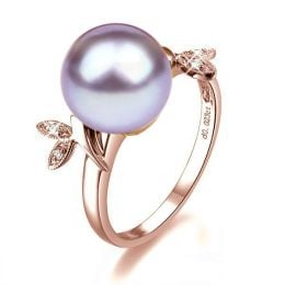 Bague Perle Lavande, Or Rose Diamant. Feuilles Étincelantes