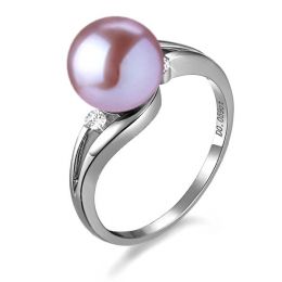 Bague feuille de style or blanc - Perle eau douce lavande, d