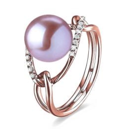 Bague or rose perle lavande eau douce - 2 anneaux unis en di