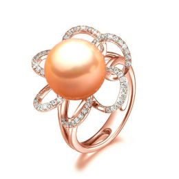 Bague fleur - Or rose, diamants et perle rose