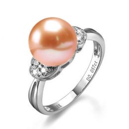 Bague perle Chine - Perle d'eau douce rose - Diamants, or bl
