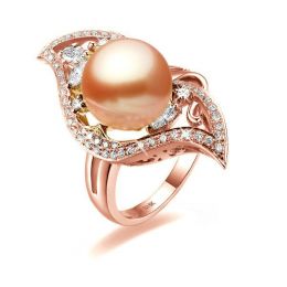 Bague or feuille - Perle de culture rose - Or rose, diamants