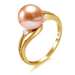 Bague feuilles de style - Perle culture rose - Or jaune, dia