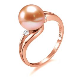 Bague feuilles de style - Perle culture rose - Or rose, diam