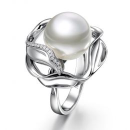 Bague fleur de lotus - Perle d'Australie blanche - Or blanc,