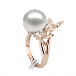 Bague papillons gracieux - Perle d'Australie - Or rose, diam