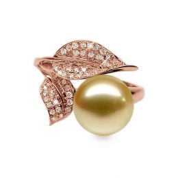 Bague feuilles de jasmin - Perle d'Australie dorée - Or rose
