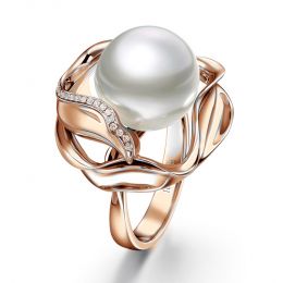 Bague fleur de lotus - Perle d'Australie blanche - Or rose,