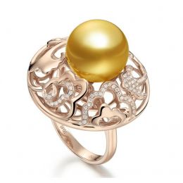 Bague fleur de pivoine - Perle dorée des mers du sud or rose