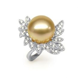 Bague perle australienne - Pétales d'or blanc ajourées, diam