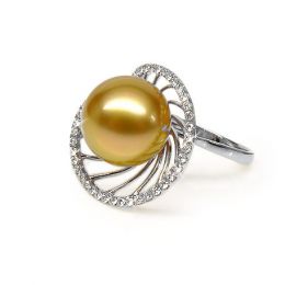 Bague forme elliptique - Perle d'Australie dorée - Or blanc,