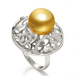 Bague fleur de pivoine - Perle dorée des mers du sud or blan