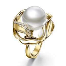 Bague fleur de lotus - Perle d'Australie blanche - Or jaune,