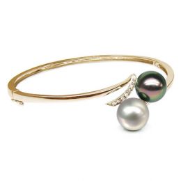 Bracelet or jaune, diamants - Perles mers sud multicolores -