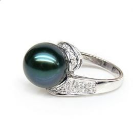 Bague Tuamotu - Perle de Tahiti noire émeraude - Or blanc, diamants