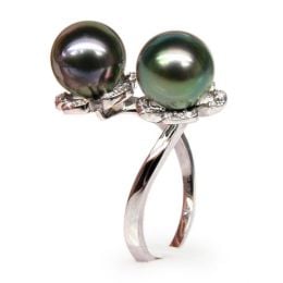 Bague You and Me - Perles Tahiti vertes, aubergines - Or blanc, diamants