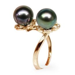 Bague You and Me - Perles Tahiti vertes, aubergines - Or jaune, diamants