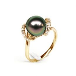 Bague Marion - Perle Tahiti paon aubergine - Or jaune, diamants