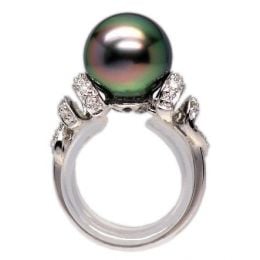 Bague or blanc stylée 2 époques - Perle Tahiti émeraude rosée, Diamants