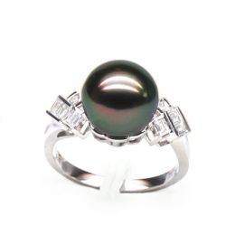 Bague géométrique or blanc - Perle de Tahiti - Diamants princesses