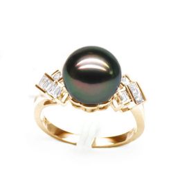 Bague Java Géométrique or jaune - Perle de Tahiti - Diamants princesses
