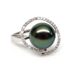 Bague diadème diamanté - Perle de Tahiti verte - Or blanc, diamants