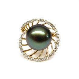 Bague or jaune de forme elliptique - Perle de Tahiti, diamants