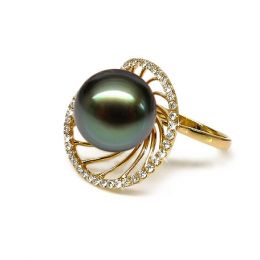 Bague or jaune de forme elliptique - Perle de Tahiti, diaman