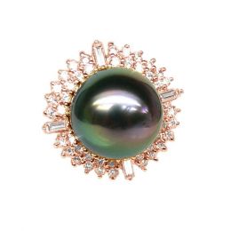 Bague auréolée de diamants - Perle de Tahiti paon rosée - Or