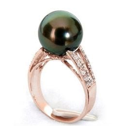Bague perle de Tahiti - Or rose - Pavage diamants micro sert