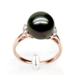 Bague solitaire perle de Tahiti - Or rose, diamants sertis g