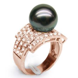 Bague style opulent - Perle Tahiti noire, bronze - Or rose,