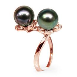 Bague You and Me - Perles Tahiti vertes, aubergines - Or ros